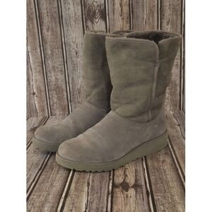 Sz 8 UGG Amie Womens Grey Suede Shearling Lined Wedge Warm Winter Boots VGUC!